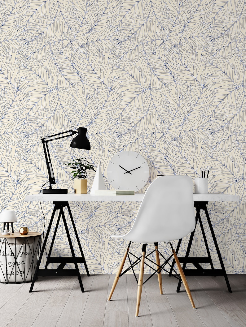 Coastal Wallpaper Peel and Stick Blue Palm Leaf Self Etsy