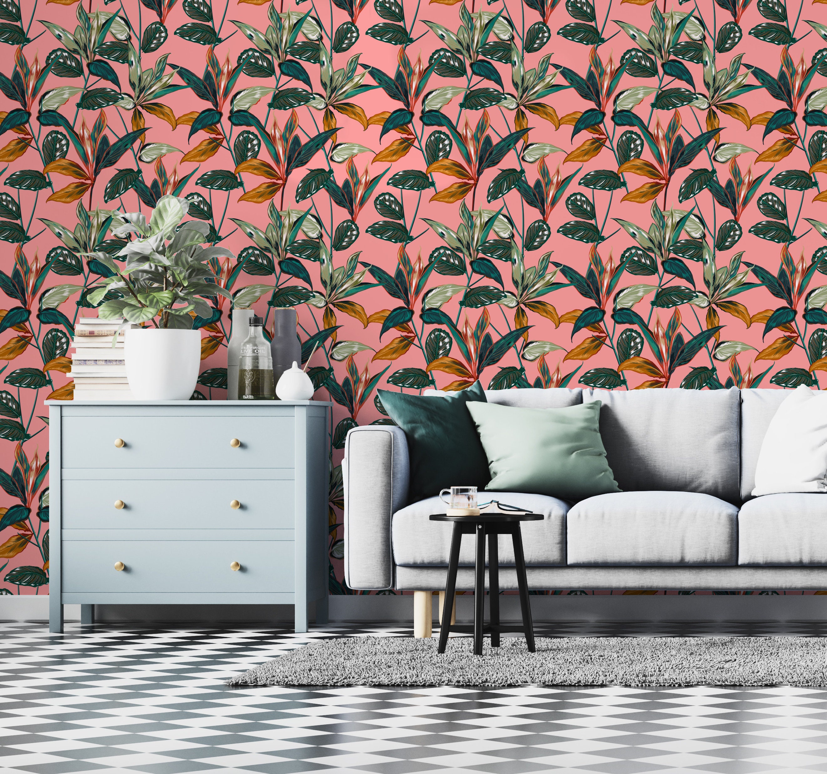 Tropical Pink Wallpaper Peel and Stick Jungle Leaves Self | Etsy