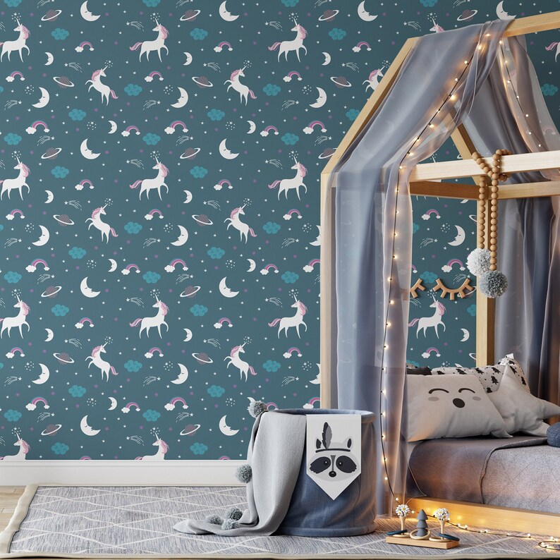 Teal Unicorn Peel and Stick Wallpaper Self Adhesive Kids Room Blue Fairytale Mural Children Nursery image 1