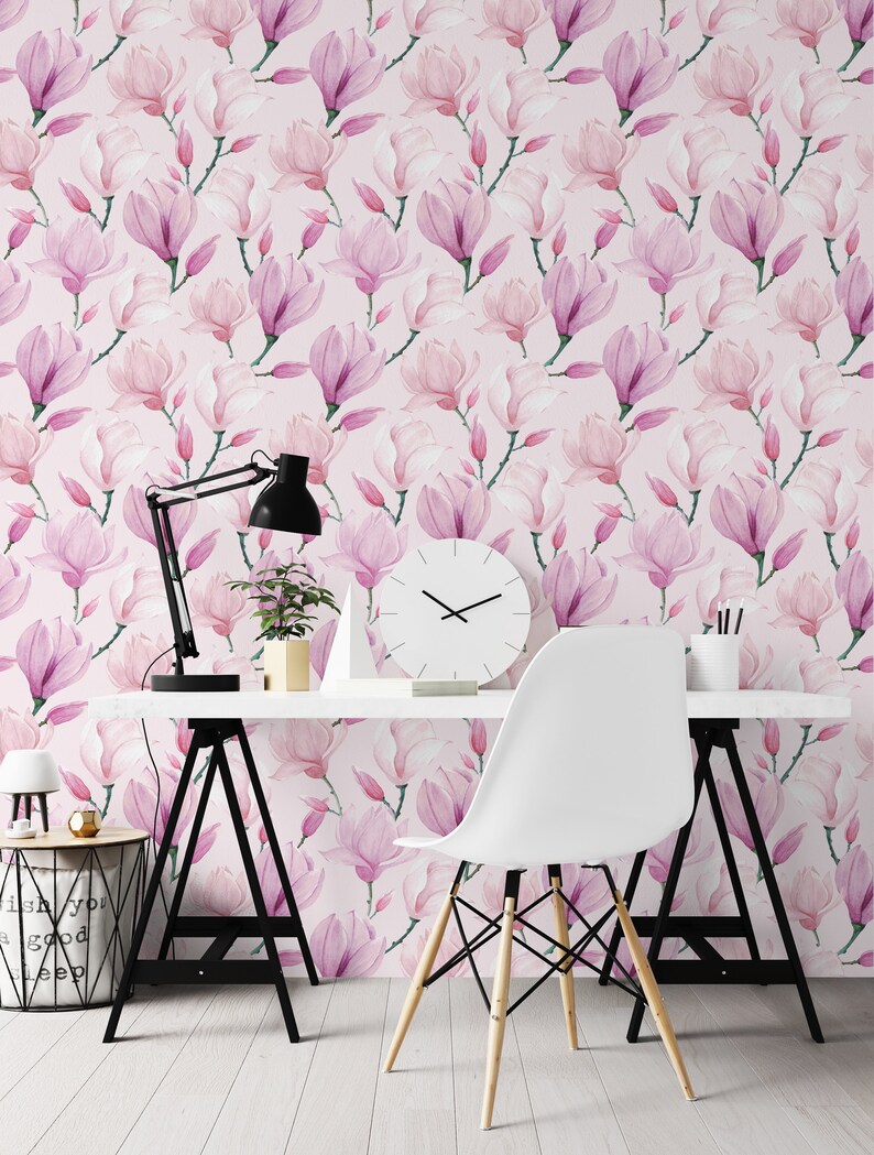Magnolia Pink Wallpaper Peel and Stick Floral Watercolor Etsy