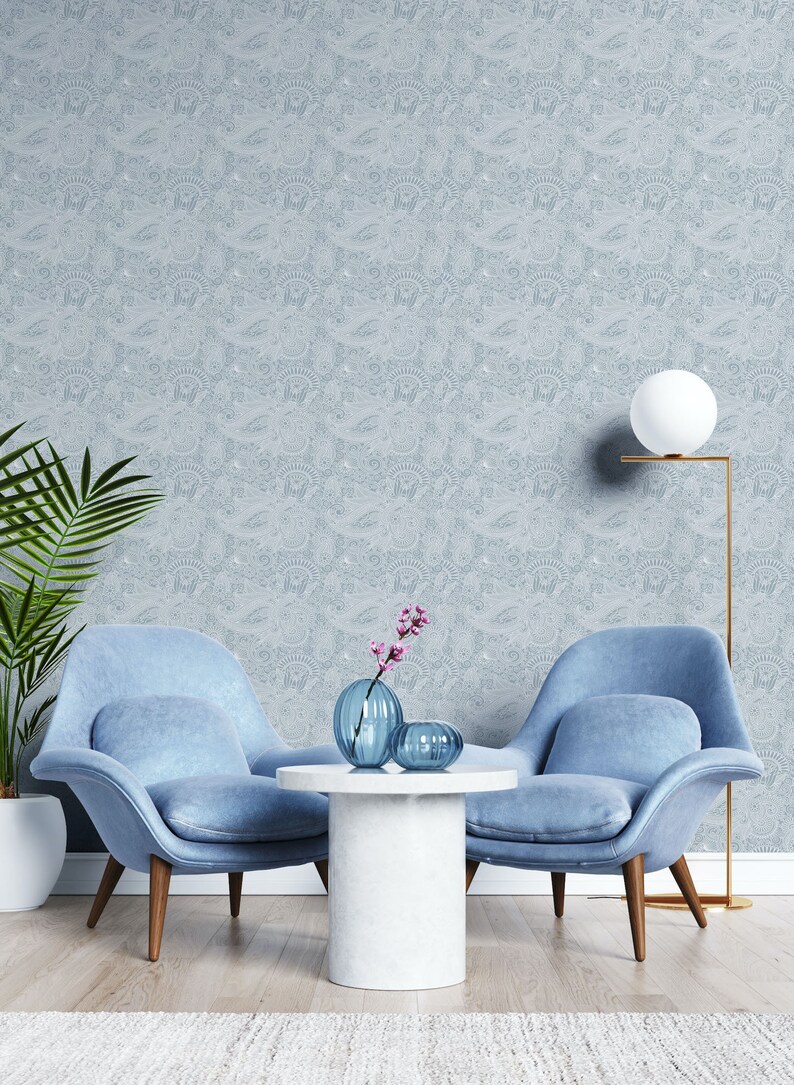 Blue Paisley Wallpaper Peel and Stick White Lace Wallpaper Etsy