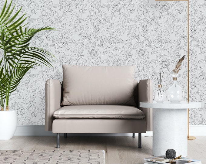 Red Rose Peel and Stick Wallpaper Sketch Floral Self Etsy