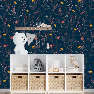 Navy Chinoiserie Wallpaper, Dark Blue Wildflower Peel and Stick