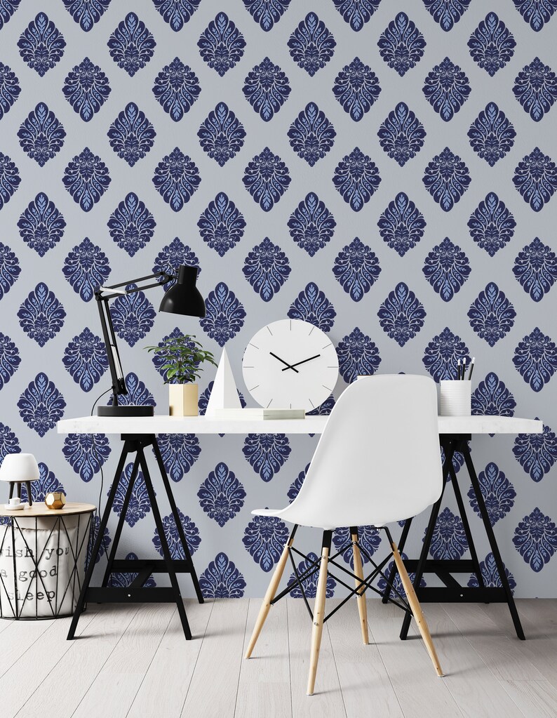 Blue Damask Wallpaper Peel and Stick Navy Victorian Self Etsy