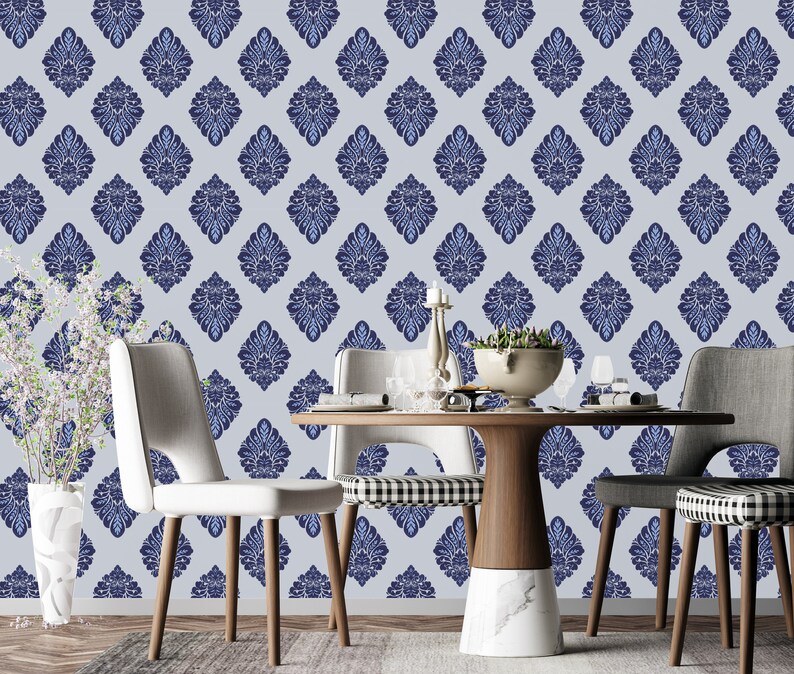 Blue Damask Wallpaper Peel and Stick Navy Victorian Self Etsy