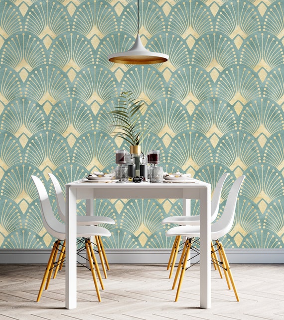 Aqua Art Deco Wallpaper, Vintage Teal Peel and Stick Gatsby Pattern, Self  Adhesive Wallpaper 