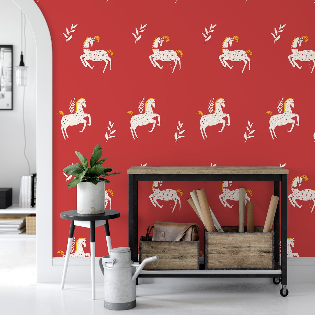 Dala Horse Wallpaper Red Scandinavian Wall Covering Boho Accent Wall
