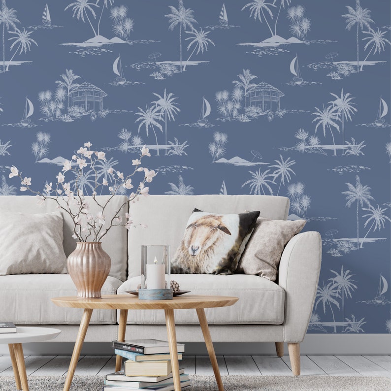 Blue Beach Wallpaper Peel and Stick Palms and Ocean Cottages Etsy