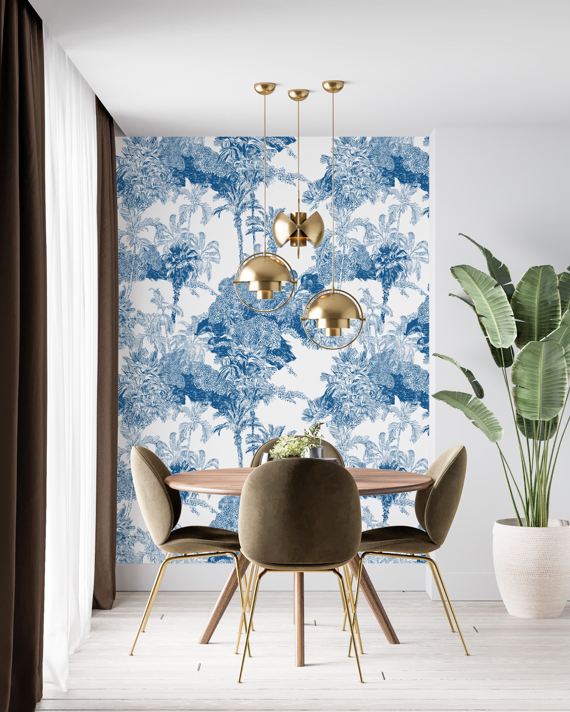 Blue Vintage Tropical Wallpaper in Peel and Stick Blue Palms Etsy