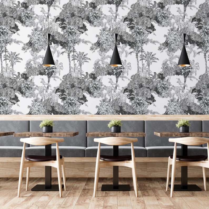 Grey and White Jungle Wallpaper Peel and Stick Toile De Jouy Etsy