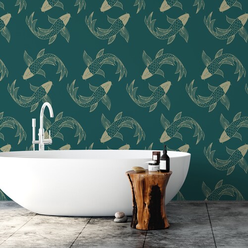 Green Koi Fish Wallpaper Oriental Peel and Stick Japanese Etsy