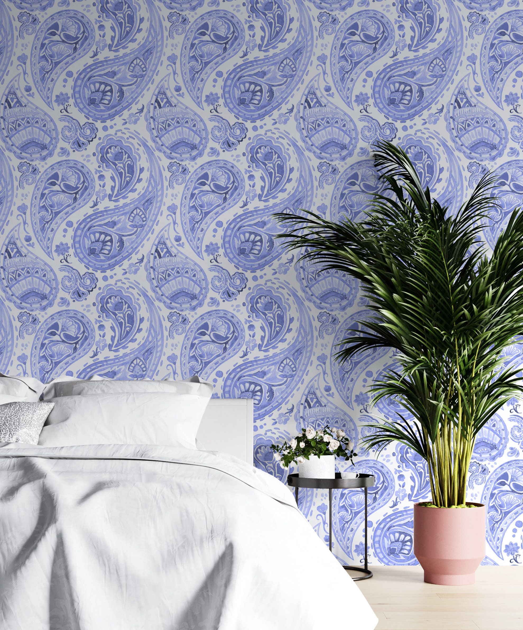 Blue Paisley Peel and Stick Wallpaper Boho Self Adhesive Wall Etsy