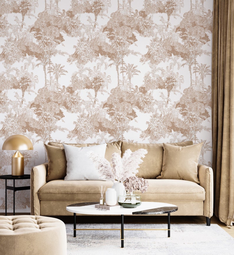 Beige Toile De Jouy Wallpaper Tropical Peel and Stick Etsy