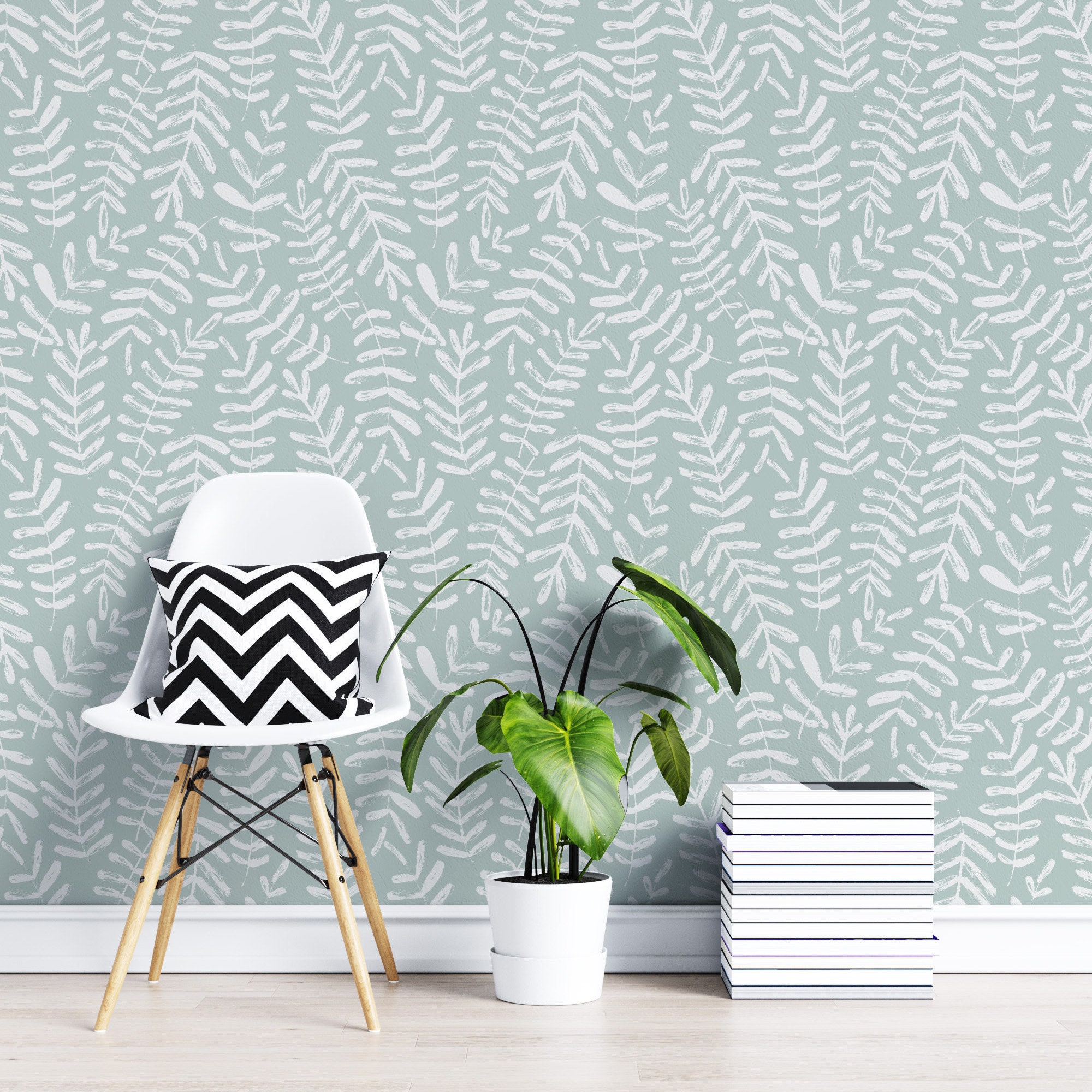 Blue-grey Leaf Wallpaper Peel and Stick Botanical Self - Etsy UK