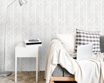 Chevron Wallpaper Peel and Stick | Herringbone Self Adhesive Wallpaper | Minimalist White and Grey Wallpaper