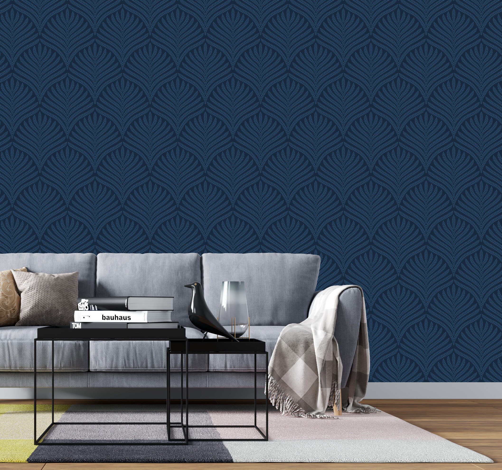 Navy Peel and Stick Wallpaper Dark Blue Art Deco Leaf Etsy