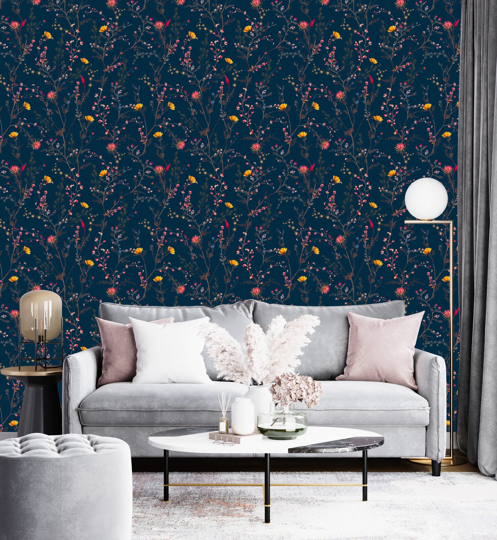 Navy Chinoiserie Wallpaper Dark Blue Wildflower Peel and - Etsy