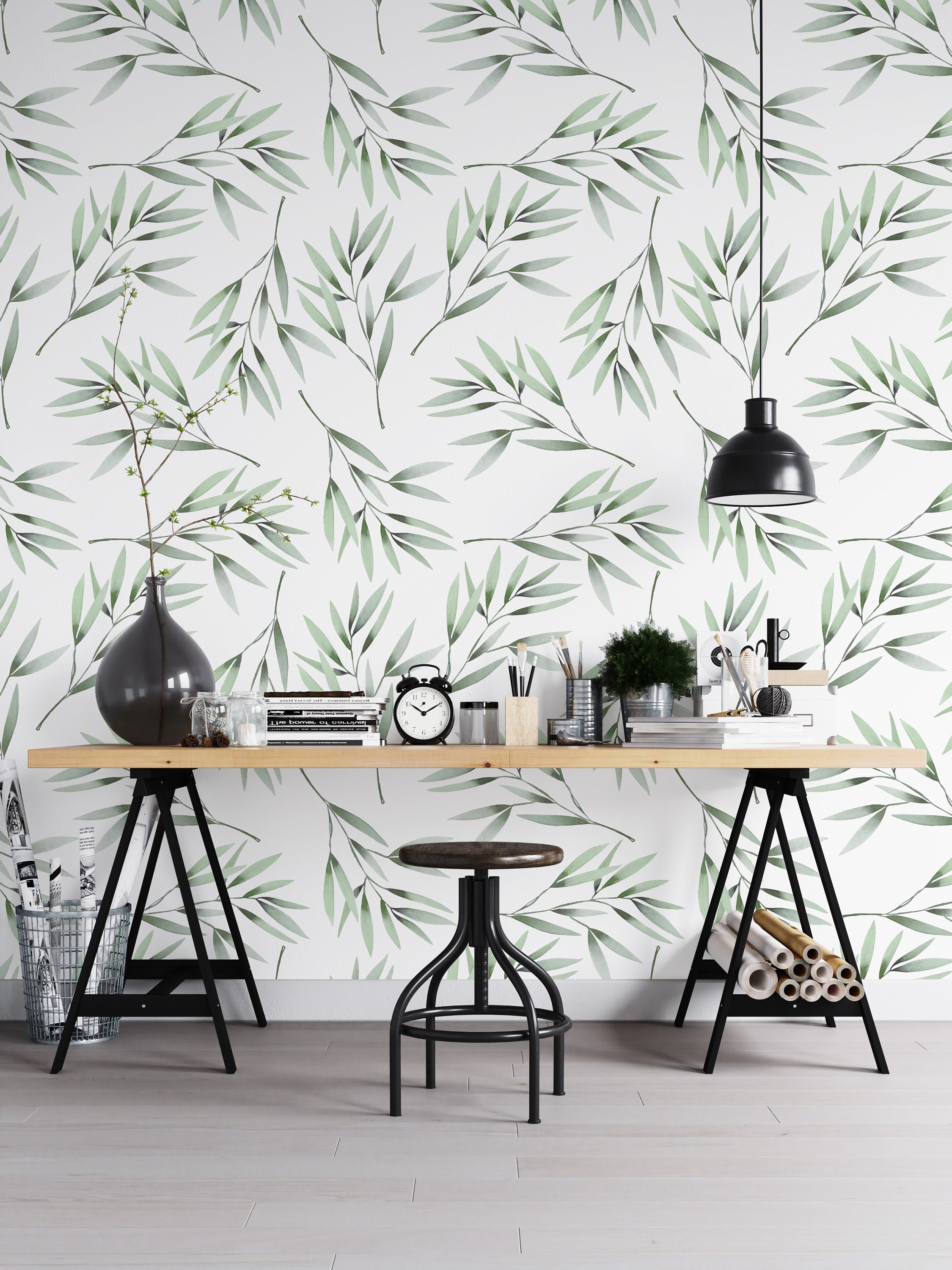 Green Olive Branch Wallpaper Botanical Leaves Peel and Stick Etsy