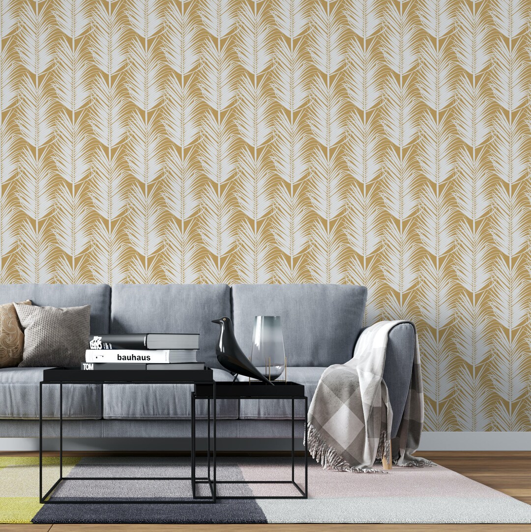 Ochre Leaf Wallpaper Peel and Stick, Mustard Yellow Tropical Self
