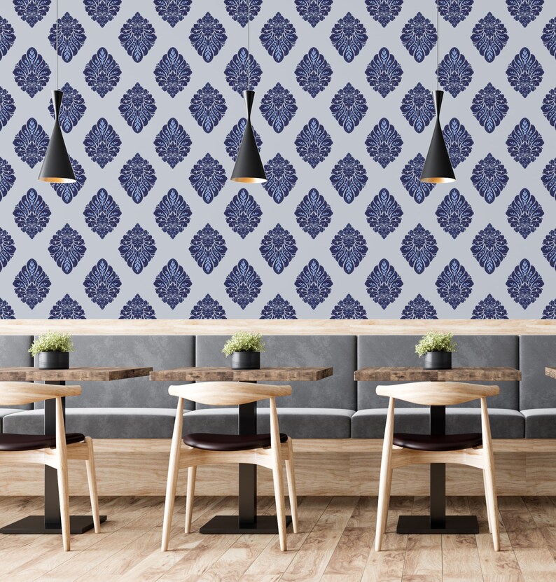 Blue Damask Wallpaper Peel and Stick Navy Victorian Self Etsy