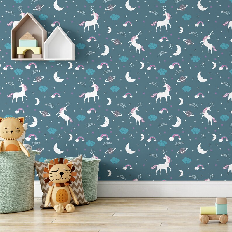 Teal Unicorn Peel and Stick Wallpaper Self Adhesive Kids Room Blue Fairytale Mural Children Nursery image 2