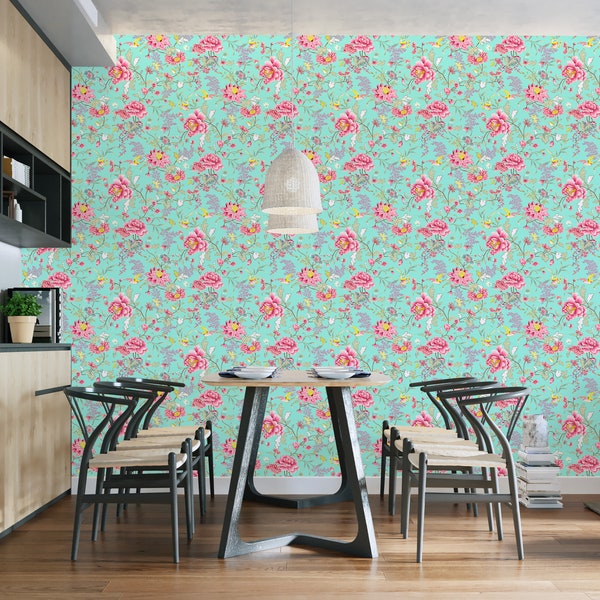 Pink and Mint Flower Wallpaper Etsy