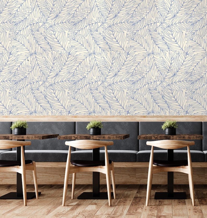 Coastal Wallpaper Peel and Stick Blue Palm Leaf Self Etsy