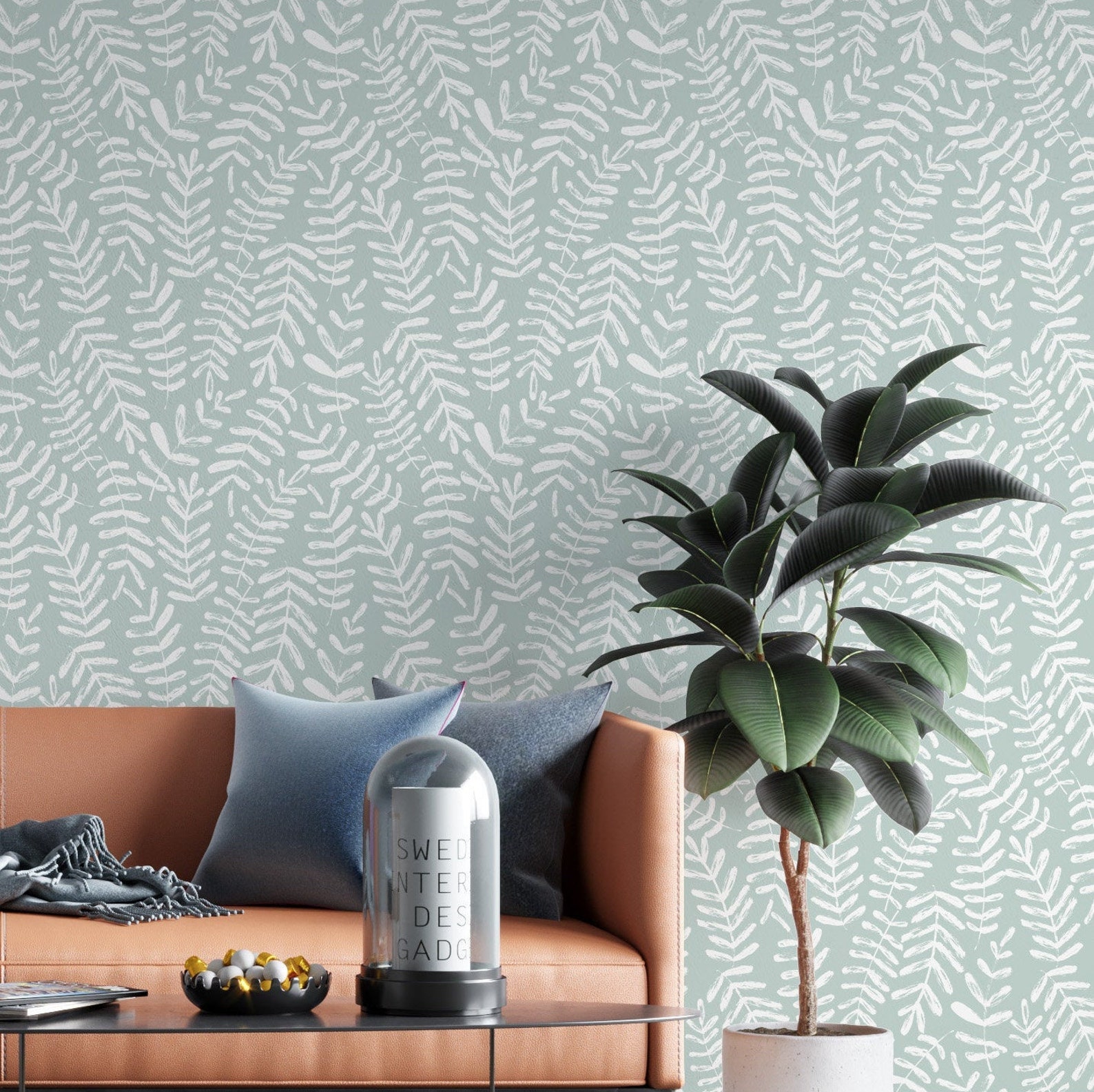 Bluegrey Leaf Wallpaper Peel and Stick Botanical Self Etsy