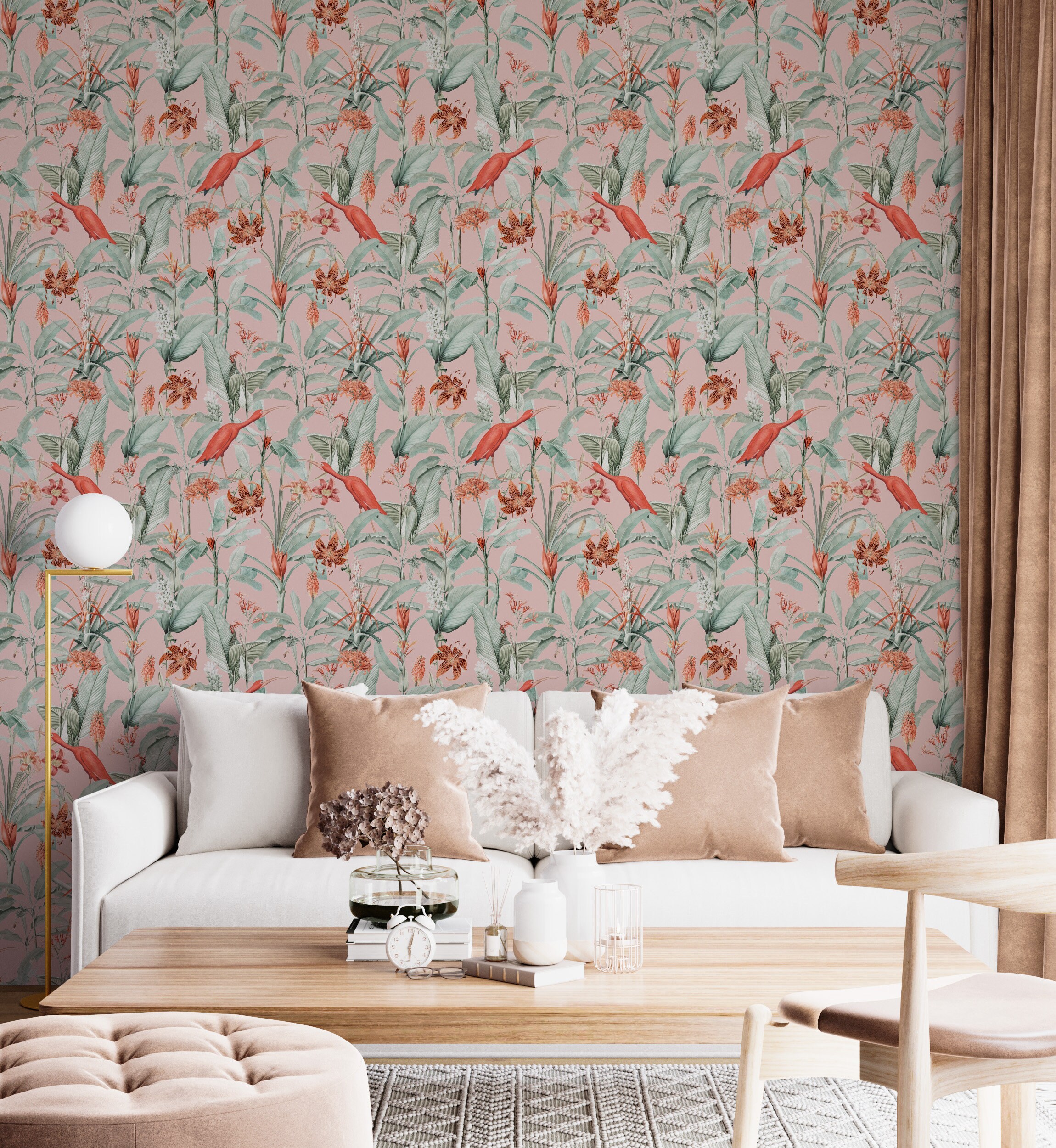 Pink Tropical Birds Wallpaper Peel and Stick Pink and Green Etsy