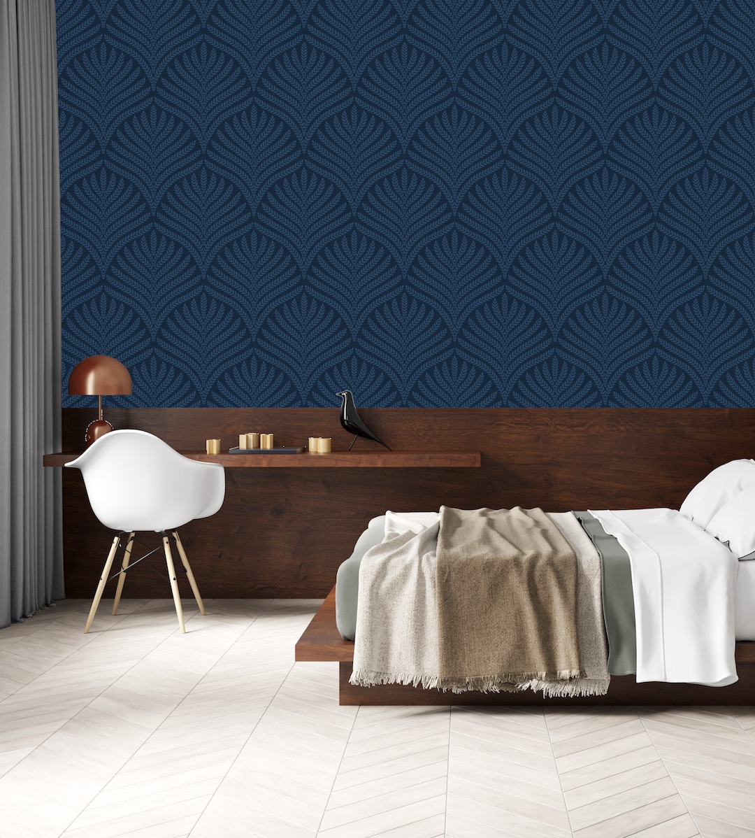 Navy Peel and Stick Wallpaper, Dark Blue Art Deco Leaf Pattern, Self Adhesive Wall Mural