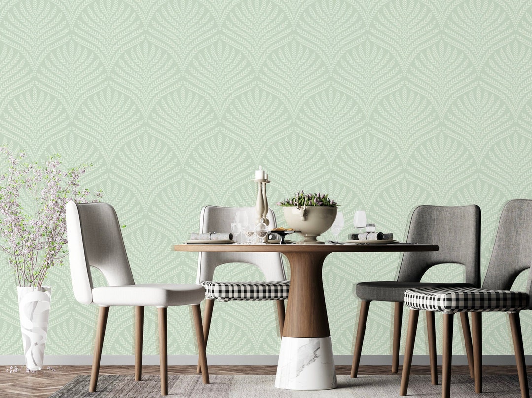 Mint Green Geometric Leaves Wallpaper in Peel and Stick, Leaf Pattern