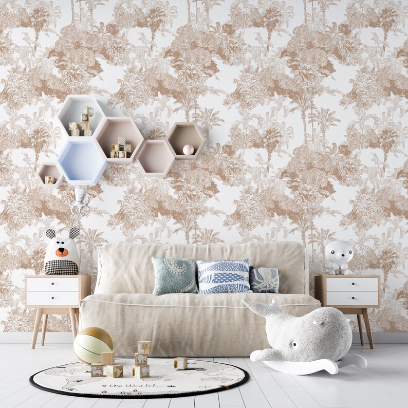 Beige Toile De Jouy Wallpaper Tropical Peel and Stick Etsy