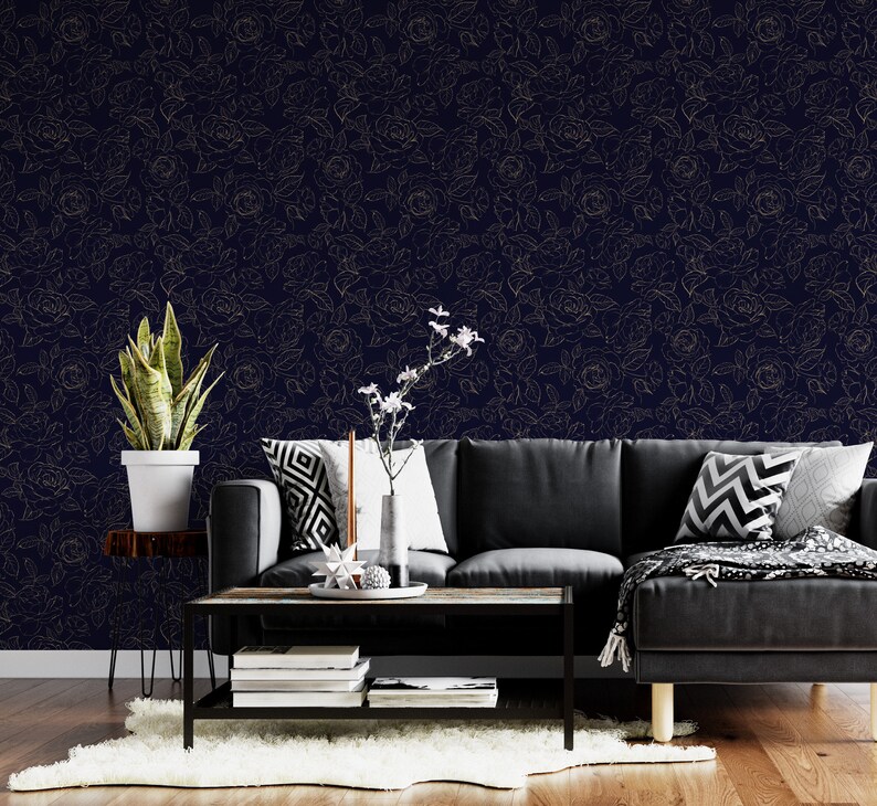 Navy Blue Floral Wallpaper Peel and Stick Peony Self Etsy