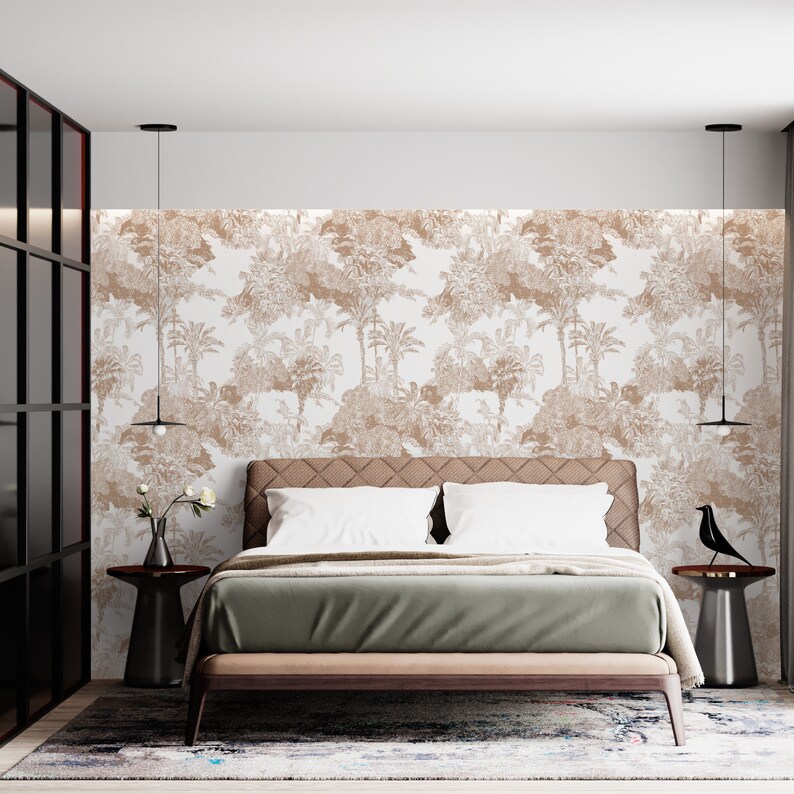 Beige Toile De Jouy Wallpaper Tropical Peel and Stick Etsy