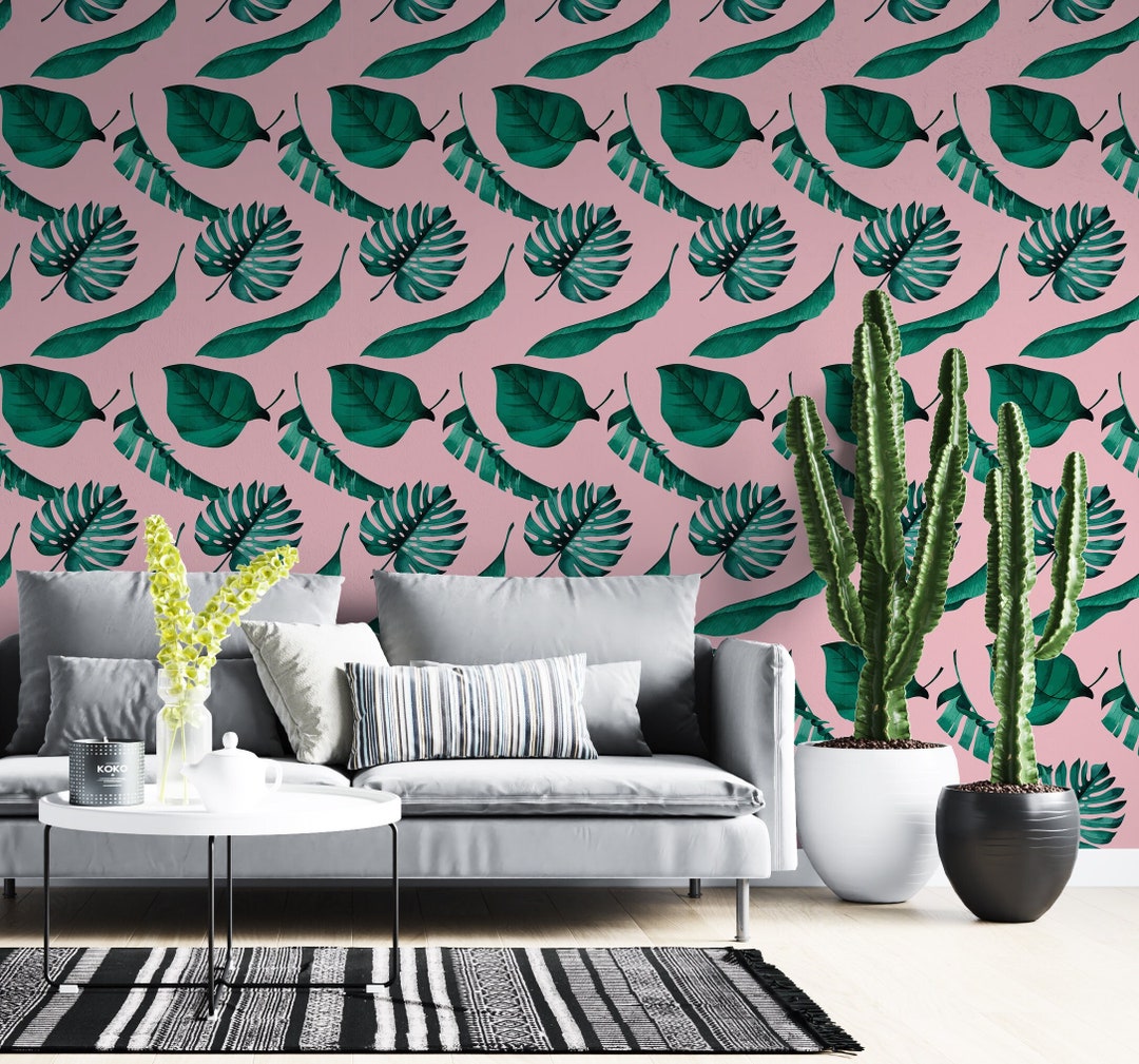 Pink Tropical Wallpaper Peel and Stick Leaf Self Adhesive Mural Banana ...