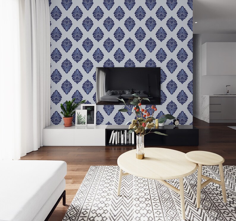 Blue Damask Wallpaper Peel and Stick Navy Victorian Self