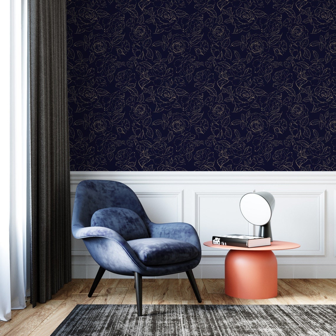 Navy Blue Floral Wallpaper Peel And Stick Peony Self | Etsy