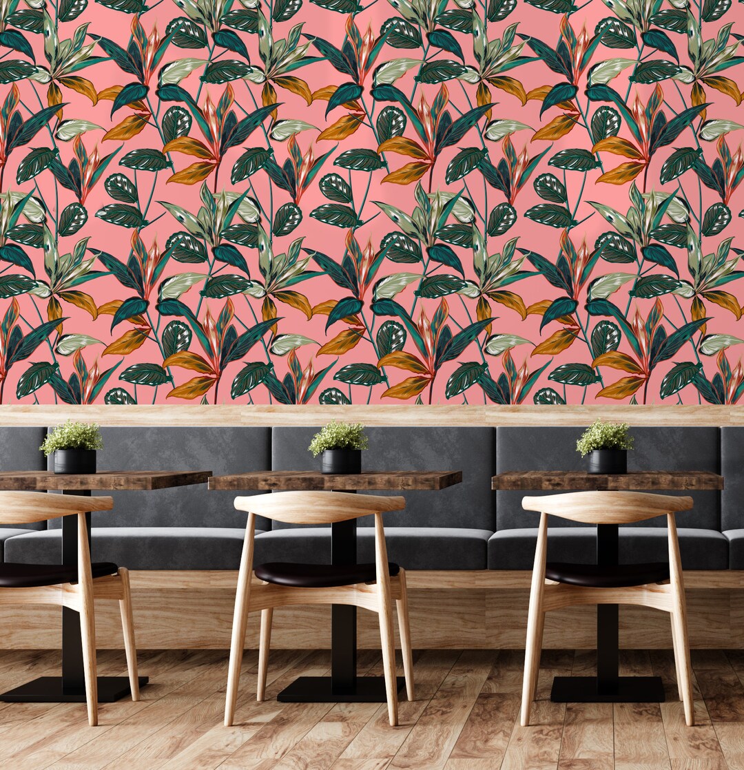 Tropical Pink Wallpaper Peel and Stick Jungle Leaves Self Adhesive ...