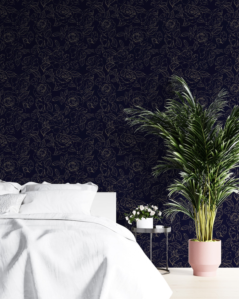 Navy Blue Floral Wallpaper Peel and Stick Peony Self Etsy