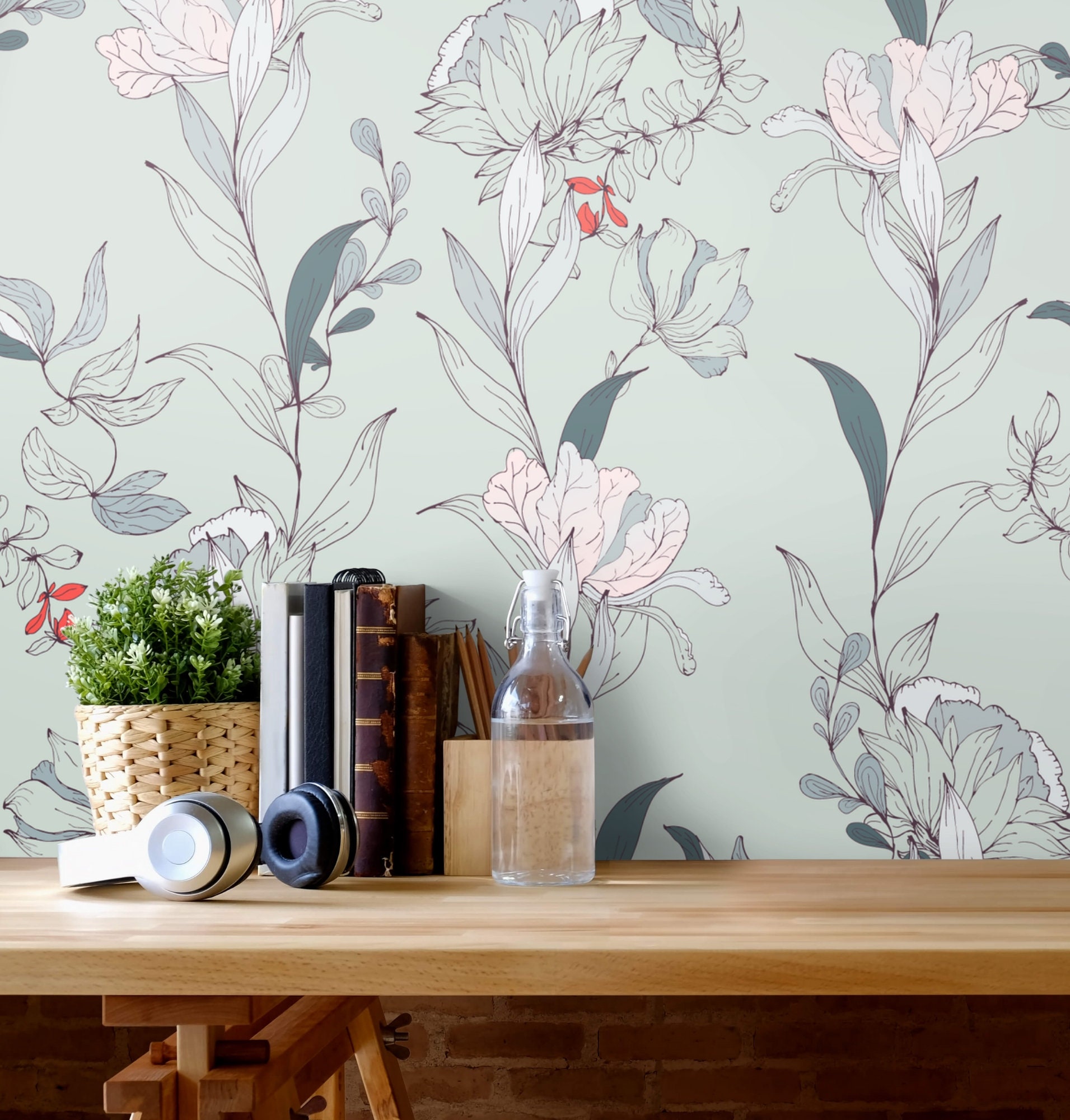 Sage Green Floral Wallpaper Botanical Peel and Stick Accent Etsy