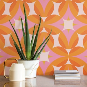 Retro Geometric Wallpaper, Funky 70s Orange wallpaper, Mid Century peel and stick