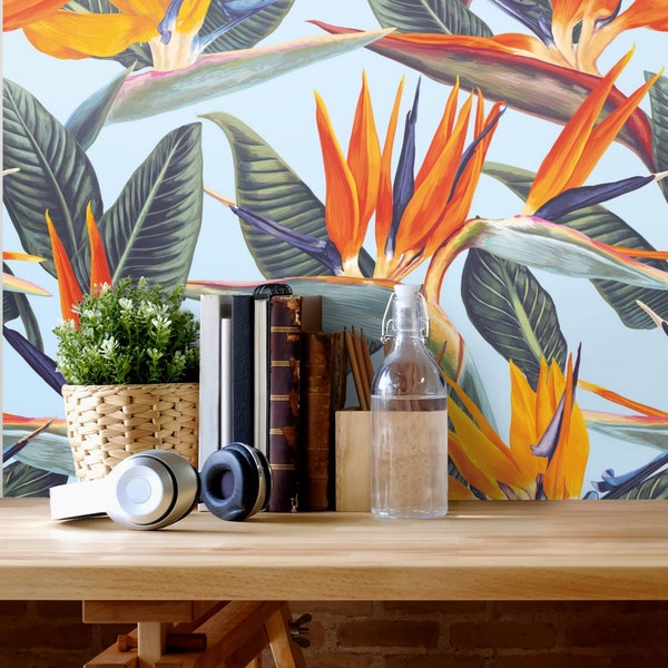 Bird Of Paradise Papier peint Peel And Stick, Revêtement mural autocollant tropical, Exotic Strelitzia Floral Accent Wall