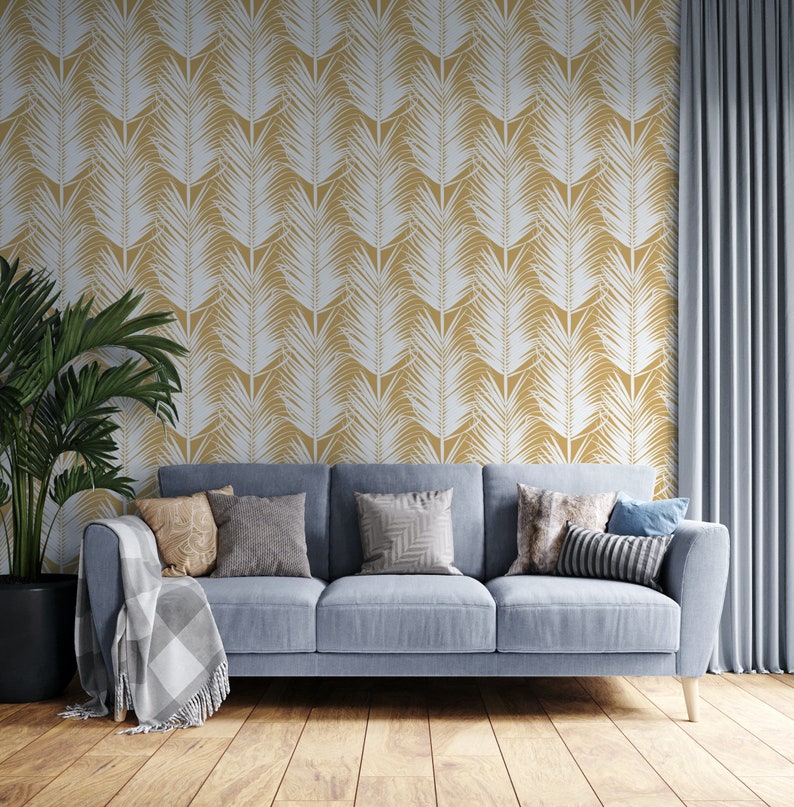 Ochre Leaf Wallpaper Peel and Stick Mustard Yellow Tropical - Etsy