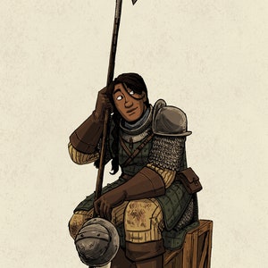 Puede incluir: Ilustración de una persona con armadura medieval, sentada en una caja de madera, sosteniendo una alabarda. La armadura es verde y de cota de malla, con guantes y botas de cuero marrón. Un casco descansa sobre el regazo de la persona. La obra está firmada "jamiedolgerart 2020."