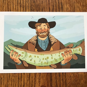 May include: Illustration of a smiling man holding a large fish. The man wears a brown hat, coat, and a blue shirt. The fish is green with brown spots. The background shows mountains and a blue sky. The artist's signature is in the bottom right corner.