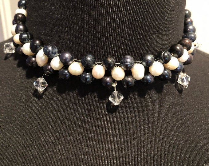 Featured listing image: Black and White Freshwater Pearls with dangly Swarovski crystals