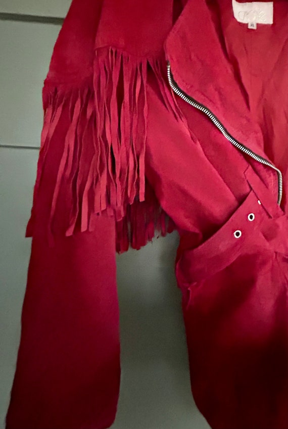 Vintage Cache 80’s red fringe suede jacket sized … - image 3