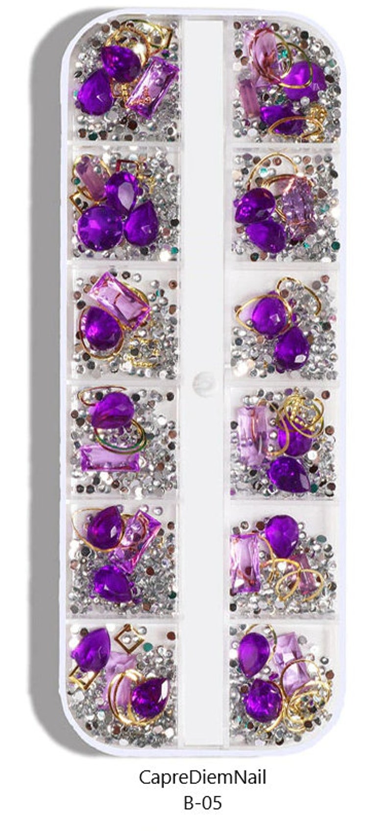 Op de afbeelding: Een set van 10 kleine containers gevuld met paarse en zilveren nagelkunstversieringen. De containers zijn gerangschikt in een rasterpatroon. De versieringen omvatten strass, edelstenen en bedels. De tekst "CapreDiemNail B-05" is onderaan de afbeelding gedrukt.