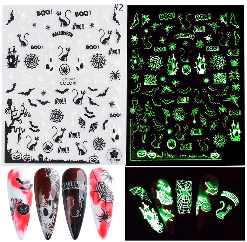 May include: Two sheets of glow-in-the-dark Halloween nail stickers. The first sheet features black and white designs, including bats, spiders, pumpkins, cats, and the words "BOO!" and "HALLOWEEN". The second sheet features the same designs in green.