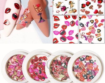 May include: Nail art supplies featuring various designs, including lips, roses, hearts, and cherubs. The image shows nail art applied to artificial nails, along with containers filled with decorative elements. The text "CARPE DIEM NAIL COLOR YOUR LIFE" is visible.